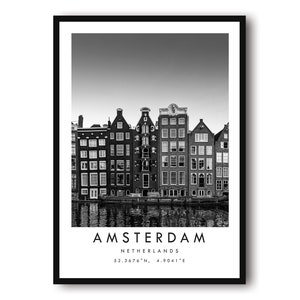 Impression de voyage à Amsterdam, affiche des Pays-Bas, impression noir et blanc, art mural unique, décoration d'intérieur minimaliste, ville A1/A2/A3/A4/A5