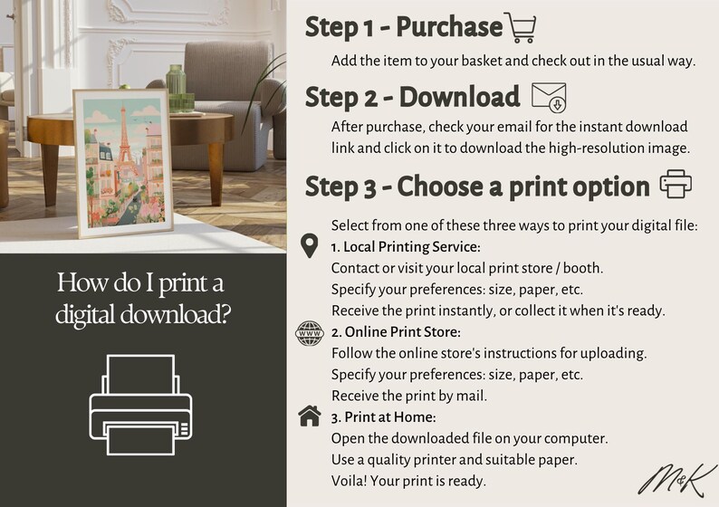 The image is a collage of three images, each depicting a different aspect of the purchase and printing process. The first image shows a framed picture on a table, the second image displays a printer, and the third image shows a printed document.