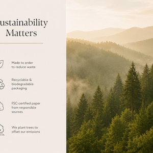 The image is a collage of several images depicting a forest with mountains in the background. The collage includes a close-up of the trees, a mountain range, and a cloudy sky. The text "Sustainability Matters" is displayed at the top, and the collage includes icons representing sustainable practices such as recycling, biodegradable packaging, and planting trees to offset emissions.