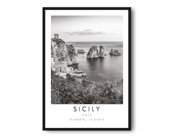 Sicily Coastline Print: Black and White Italy Travel Poster
