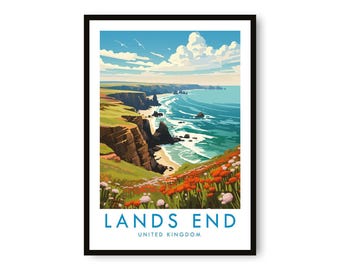 May include: A framed print depicting the coastal scenery of Land's End, Cornwall. The artwork shows cliffs, the sea, and a blue sky. The text "LANDS END UNITED KINGDOM" is in a blue font.