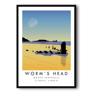 Worms Head Travel Poster, Colourful Wales Travel Poster, British Wall Art, UK Art Prints 11x17, City Print Poster A1/A2/A3/A4/A5