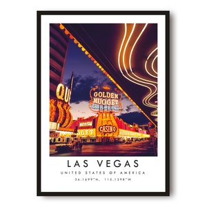 Las Vegas Reisedruck, Las Vegas Poster, Einzigartiges, Wandkunst, Farbdruck, Koordinaten, Amerika Las Vegas, Golden Nugget, Galeriewand