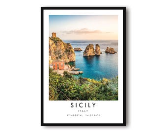 Siciliaanse kustprint: reisposter voor Italië, minimalistische muurdecoratie