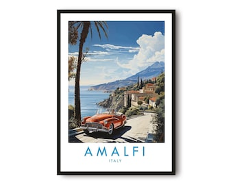 Puede incluir: Impresión artística enmarcada que presenta un coche descapotable rojo vintage conduciendo por una carretera costera en Amalfi, Italia. La obra de arte muestra una vista panorámica de la costa, con el texto "AMALFI ITALY" en la parte inferior.