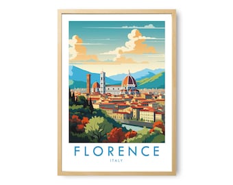 May include: A framed travel poster featuring a stylized illustration of the Florence, Italy skyline, including the Duomo and surrounding buildings, with a river in the foreground, lush trees, and mountains under a blue sky with clouds.