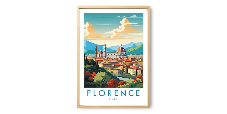 May include: A framed travel poster featuring a stylized illustration of the Florence, Italy skyline, including the Duomo and surrounding buildings, with a river in the foreground, lush trees, and mountains under a blue sky with clouds.