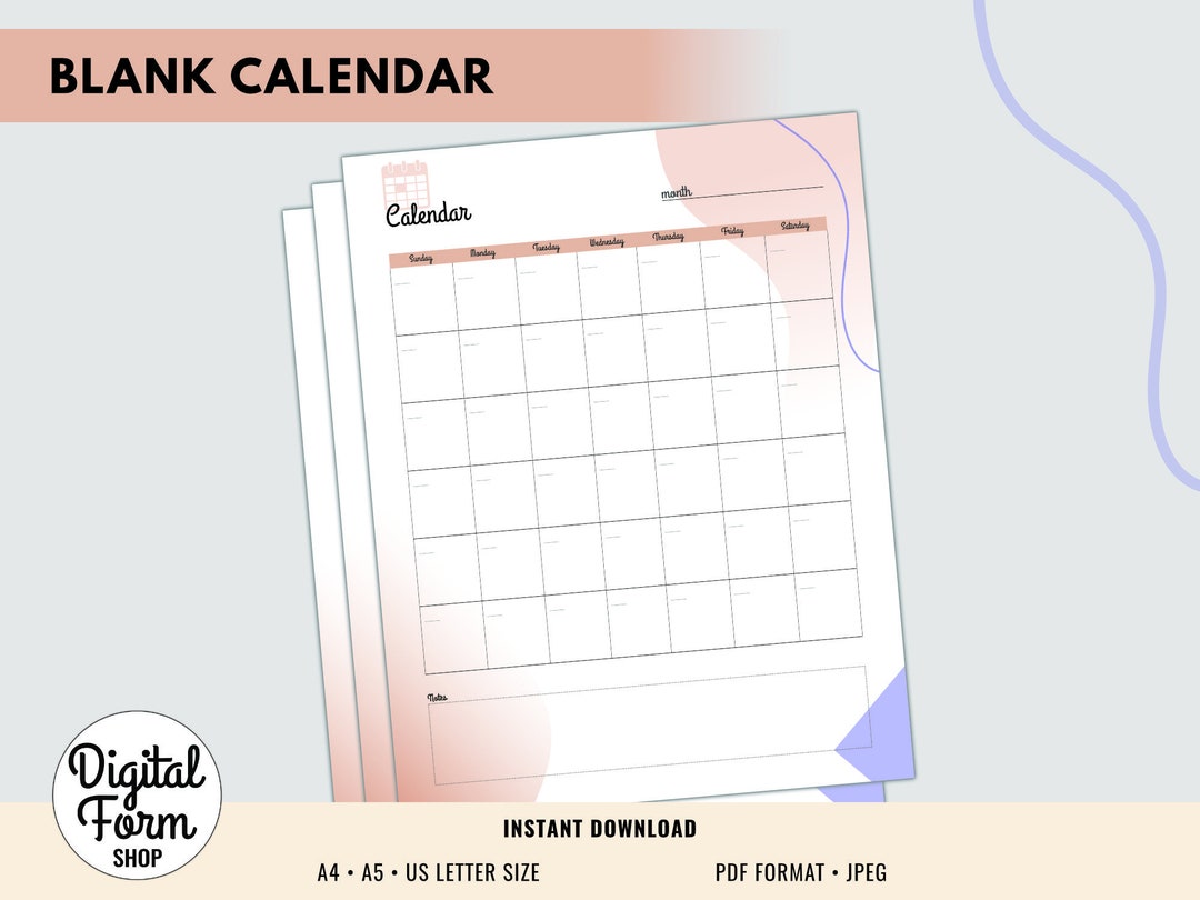 Printable Blank Portrait Calendar, Desk Calendar, Wall Calendar ...
