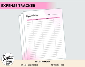 Expense Tracker Printable Pink Form (Expense Sheet, Money Tracker, Personal Finance Planner, Planner Inserts, A4, A5, Letter Size)