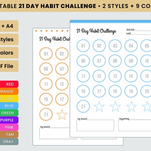 May include: Printable 21-day habit challenge tracker in two styles with nine color options. The tracker features a grid of circles with numbers 1 through 21, and a space for a start date and habit name. The tracker also includes a section for "my reward" and "my journey".
