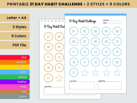 21 Day Habit Tracker Printable, Fitness Habit Challenge, Daily Cross Off Circles, PDF A4 US Letter