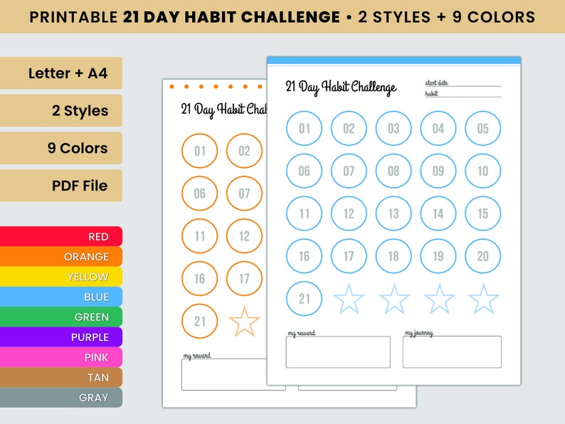 May include: Printable 21-day habit challenge tracker in two styles with nine color options. The tracker features a grid of circles with numbers 1 through 21, and a space for a start date and habit name. The tracker also includes a section for "my reward" and "my journey".