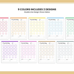 May include: Nine printable 21-day habit tracker charts in different colors. Each chart has 21 circles with numbers 1-21, three stars, and the text "21 Day Habit Challenge".