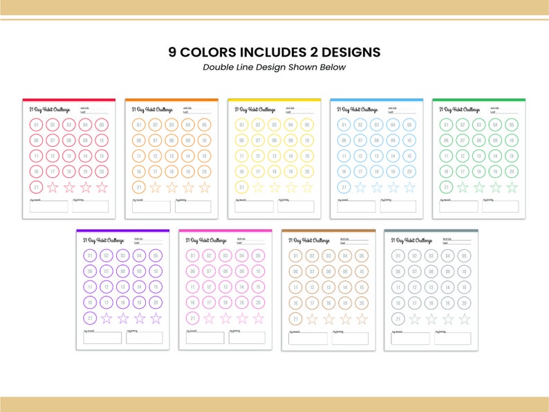 May include: Nine printable 21-day habit tracker charts in different colors. Each chart has 21 circles with numbers 1-21, three stars, and the text "21 Day Habit Challenge".