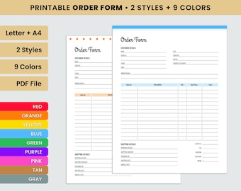 Printable Customer Order Form Template, 9 Colors, 2 Styles (PDF)
