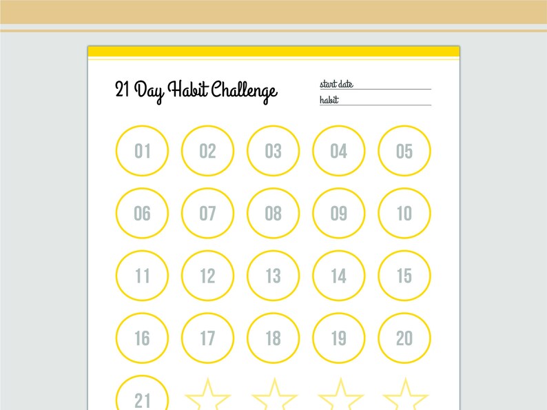 May include: A 21-day habit tracker with yellow circles numbered 1 through 21. The circles are arranged in a grid with five columns and five rows. The last row has five yellow stars instead of circles. The text "21 Day Habit Challenge" is at the top of the tracker. The text "start date" and "habit" are below the title.