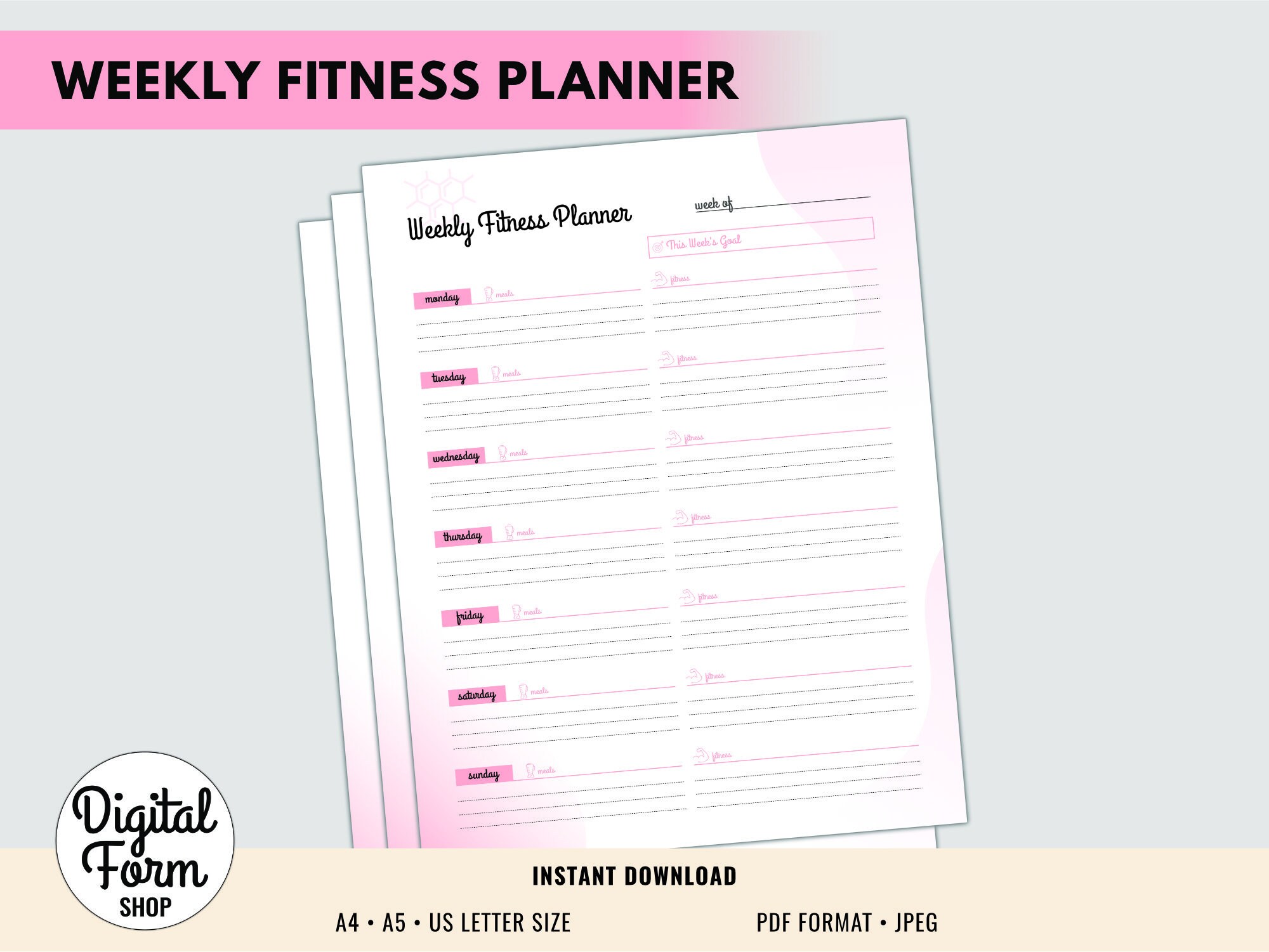 Weekly Fitness Planner Printable Pink Form (meal Planner, Fitness ...