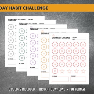 21 Day Habit Challenge, Habit Forming, Goal Setting, Progress Tracker, Habit Printable, Printable PDF, 5 Colors, Letter A4 A5