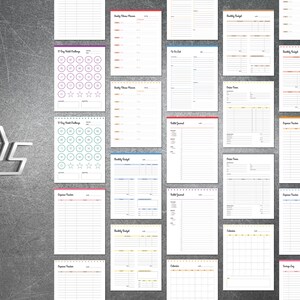May include: A set of printable planner pages with various designs and layouts. The pages include sections for meal planning, budgeting, expense tracking, journaling, and a 30-day habit tracker.