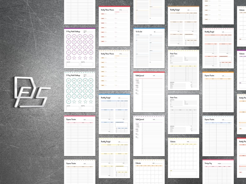 May include: A set of printable planner pages with various designs and layouts. The pages include sections for meal planning, budgeting, expense tracking, journaling, and a 30-day habit tracker.