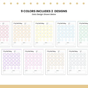May include: Nine printable 21-day habit tracker sheets with different color gradients. Each sheet has a grid of circles with numbers 1-21 and three stars at the bottom. The text "21 Day Habit Challenge" is at the top of each sheet.