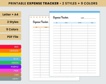 Printable Expense Tracker, 2 Styles, 9 Colors (PDF)
