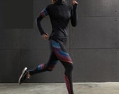Women Pink Blue Blurred Lines Sexy Compression Legging and Hooded Jacket Set