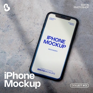 May include: An iPhone mockup with a white screen displaying the text "IPHONE MOCKUP" in blue. The phone has a black frame and is set against a textured grey surface. The image includes the text "EDIT IN PHOTOSHOP" and "COLLECT #01".