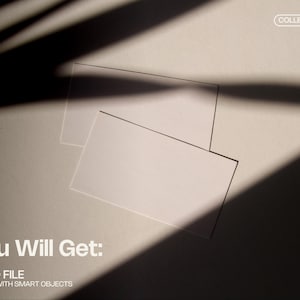 Op de afbeelding: Twee rechthoekige witte kaarten overlappen elkaar lichtjes op een lichtbeige oppervlak, met schaduwen. De tekst "You Will Get: 1 PSD FILE EDIT WITH SMART OBJECTS" staat onderaan. De rechterbovenhoek heeft de tekst "COLLECT #01".