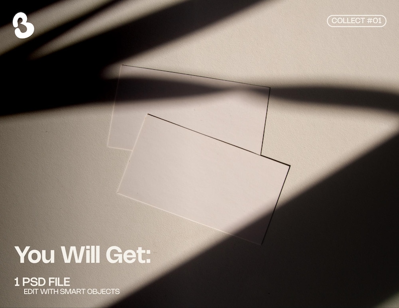 Op de afbeelding: Twee rechthoekige witte kaarten overlappen elkaar lichtjes op een lichtbeige oppervlak, met schaduwen. De tekst "You Will Get: 1 PSD FILE EDIT WITH SMART OBJECTS" staat onderaan. De rechterbovenhoek heeft de tekst "COLLECT #01".