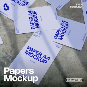 Puede incluir: Varias maquetas de papel A4 blancas con texto azul. El texto en los papeles dice "PAPER A4 MOCKUP", "CONCRETE BASICS" y "BRUTOMOCKUPS". La imagen también presenta el texto "Papers Mockup" y "COLLECT #01".