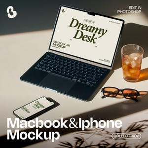 Pode incluir: Uma maquete de um laptop Macbook Air e um iPhone com um fundo branco. A tela do laptop exibe o texto "Dreamy Desk" e a tela do telefone exibe o texto "Dreamy Desk".