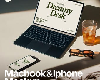 MacBook en iPhone Mockup PSD – Realistisch laptop- en telefoonmodel voor webdesign, branding en sociale media