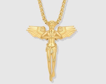 Gold Guardian Angel Necklace for Men – Angel Pendant, Waterproof Square Rolo Chain, Gift for Him