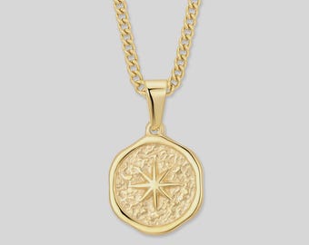 Gold Compass Necklace for Men – Hammered North Star Pendant, Waterproof Curb Chain, Gift for Him