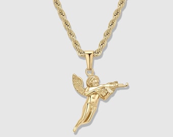 Gold Cupid Necklace for Men – Cupid With Gun Pendant, Waterproof Twist Chain, Gift for Him