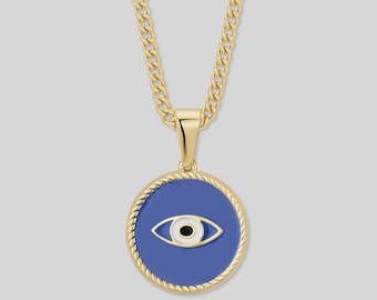 Gold Evil Eye Necklace for Men – Enamel Pendant, Waterproof Curb Chain, Protection Gift