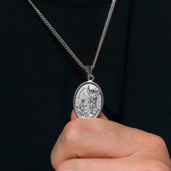 Silver St Raphael Pendant Saint Raphael Medal Archangel Raphael Necklace Protector Pendant Necklace For Men Gift For Man Silver Chain