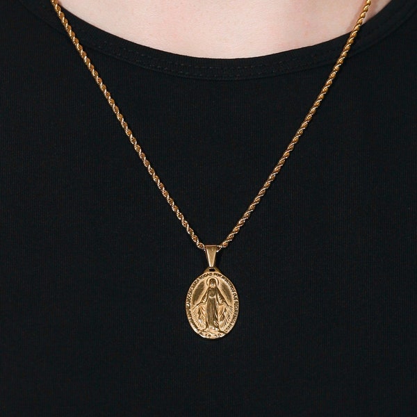 18k Gold Virgin Mary Pendant Saint Mary Pendant Miraculous Medal Necklace Gold Chain Pendant for Men Gold Chain Necklace for Man Gift