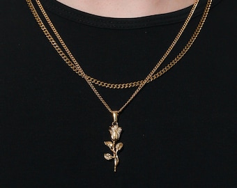 Gold Rose Necklace Set for Men – Rose Pendant + Cuban Chain, Waterproof Gift