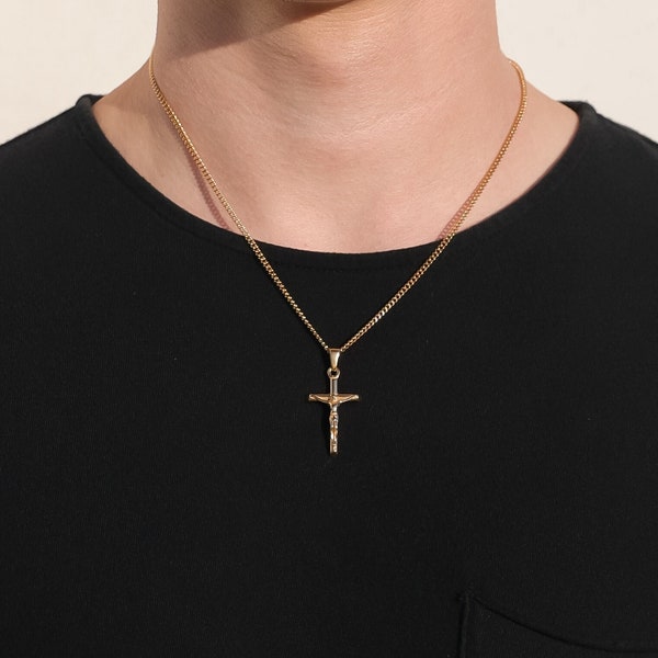 18k Gold Crucifix Necklace Gold Cross Necklace Men Gold Cross Pendant Christian Jewelry Gift for him Boyfriend Gift for Man Christian Gift