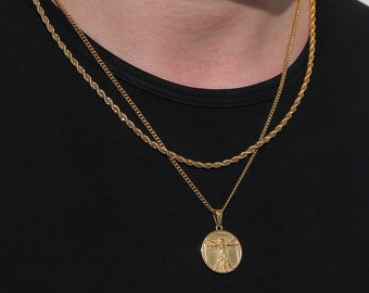 Gold Da Vinci Necklace Set for Men – Vitruvian Man Pendant + Rope Chain, Waterproof Gift