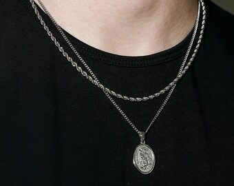 Silver St Michael Necklace Set for Men – Archangel Medal Pendant + Rope Chain, Waterproof Gift