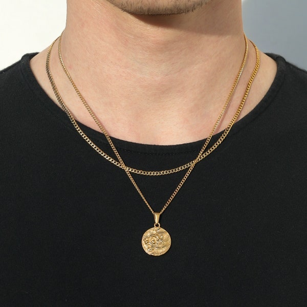18k Lion of Judah Coin Pendant for Men Lion Coin Pendant Chain Mens Chain Lion Necklace Gold Pendant Vintage Tiger Head Valentines Gift Man