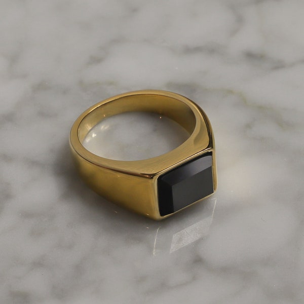 18k Gold Signet Ring for Men Black Onyx Ring 9mm Gold Onyx Signet Ring for Men Black Stone Ring For Man Boyfriend Valentines Gift For Man