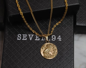 Gold Greek Owl Necklace Set for Men – Athena Coin Pendant + Rope Chain, Waterproof Gift
