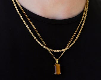 Gold Tiger Eye Necklace Set for Men – Stone Pendant + Rope Chain, Waterproof, Gift for Him