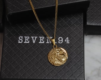 Gold Zeus Coin Necklace for Men – Greek God Pendant, Waterproof Curb Chain, Gift for Him