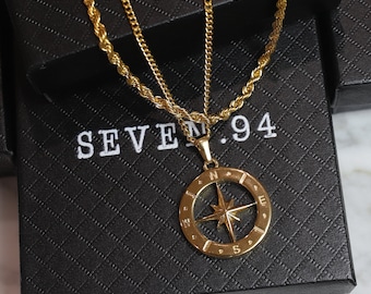 Gold Compass Necklace Set for Men – Large North Star Pendant + Rope Chain, Waterproof Gift