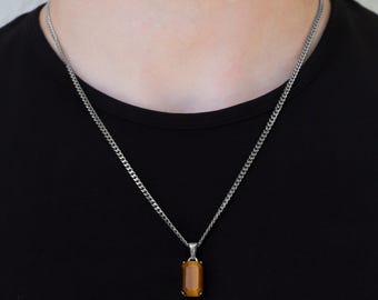 Silver Tiger Eye Pendant Chain Mens Tiger Eye Stone Pendant Silver Pendant Tiger Eye Stone Necklace For Men Gift For Men Gift For Dad